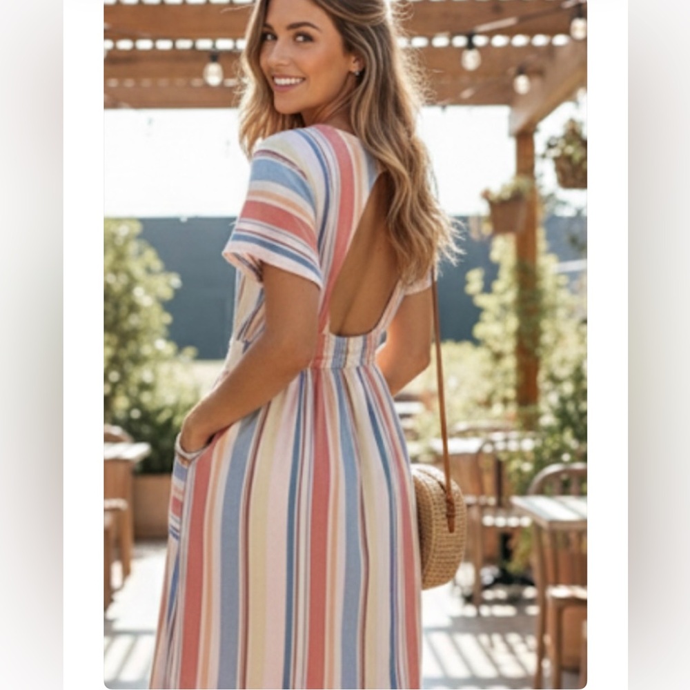 a.n.a Striped Linen Blend Midi Dress with Open Back & Pockets – Women’s M